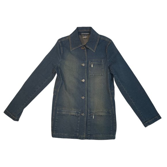 Company Ellen Tracy Button Up Mid Length Denim Coat Jean Jacket Blue Womens 6 - Picture 1 of 12